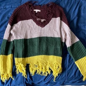 Striped distressed sweater loose v-neck ribbed knit